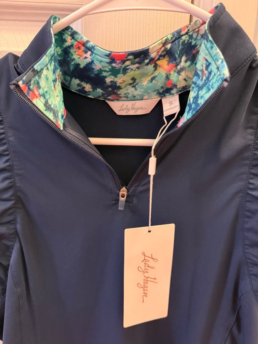 Lady Hagen Navy Quarter-Zip Short Sleeve with Multicolor Floral Inner Collar